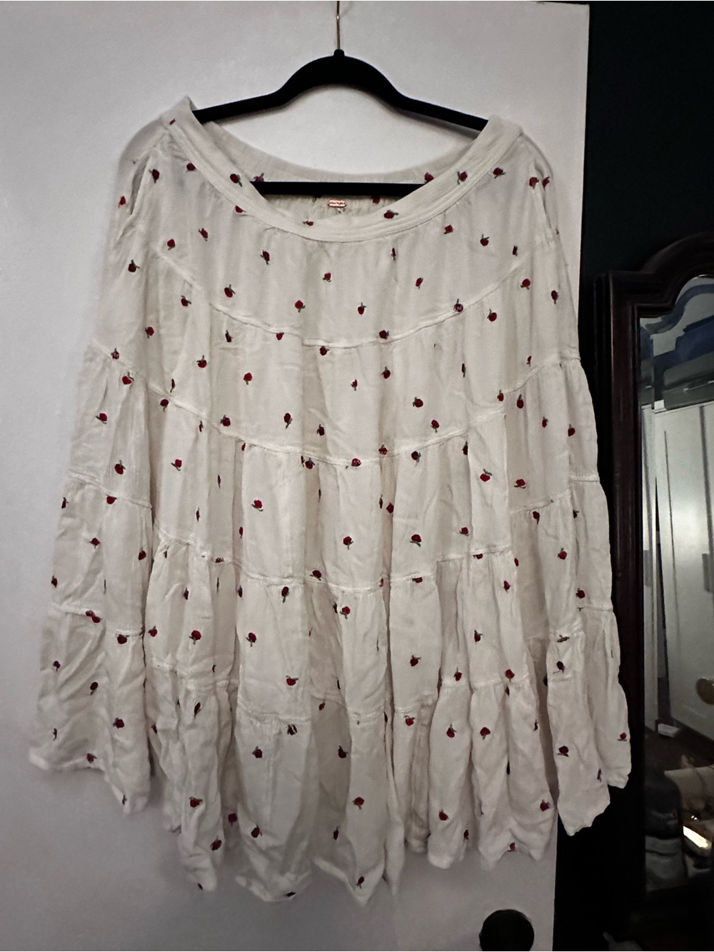 Free People White Tiered Peasant skirt with Red Embroidered Dots